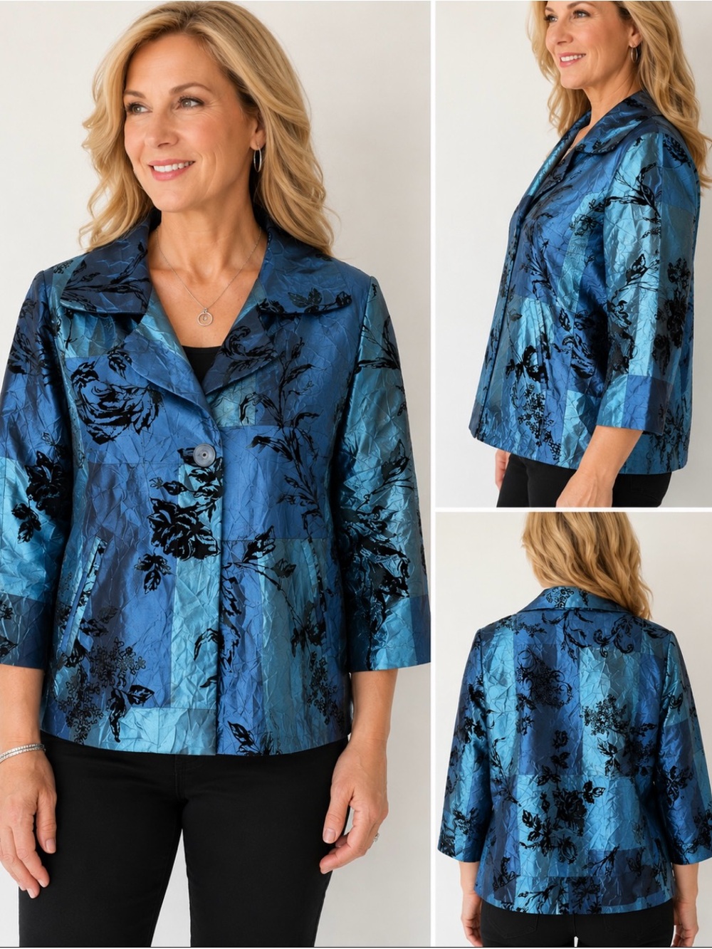 Susan Graver Floral Taffeta Textured Velvet Jacket 1X Career Office Travel NWT